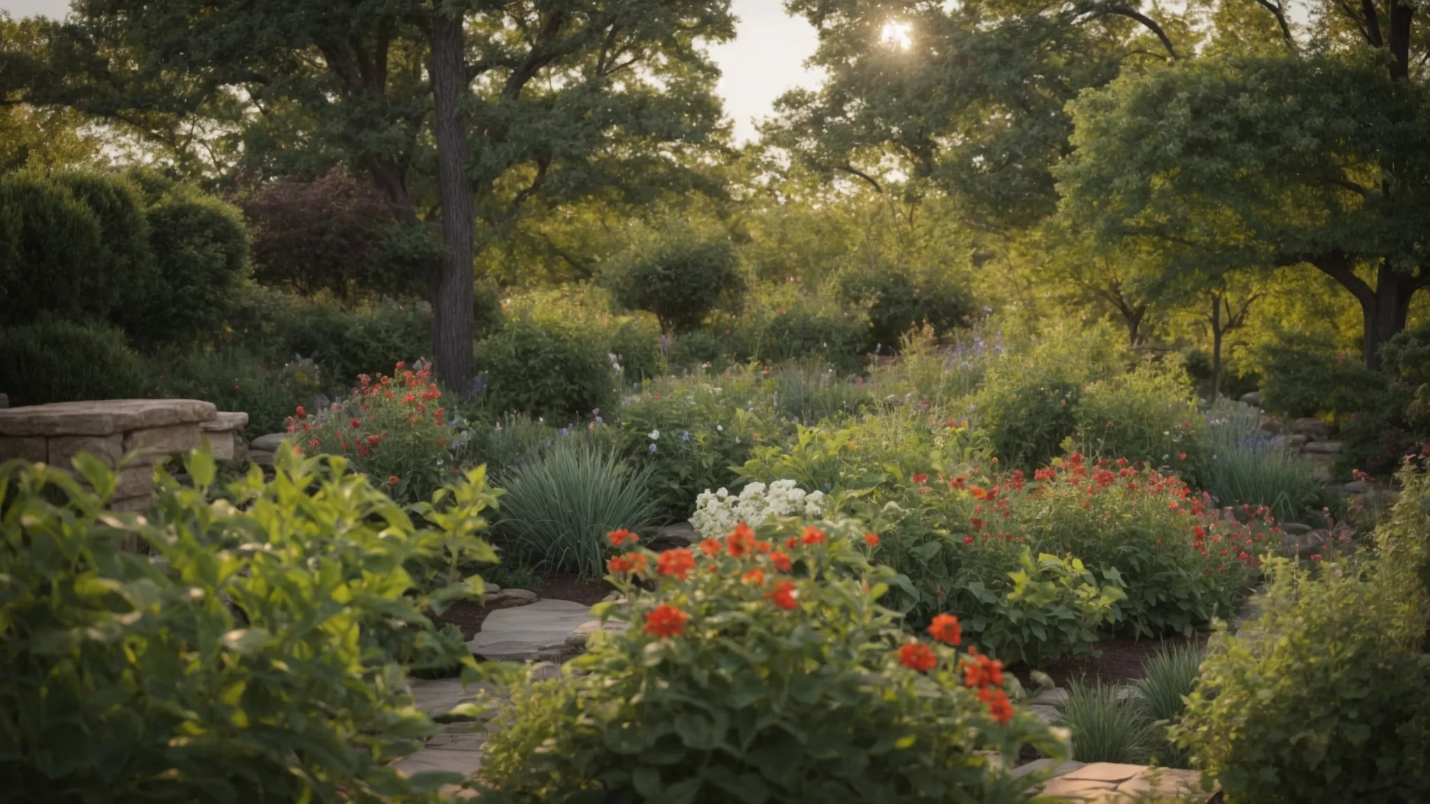 a garden in overland park showcasing a variety of thriving native plants and trees under a clear sky.