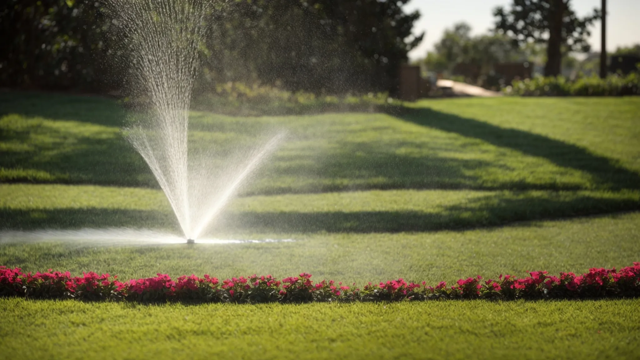 a sprinkler system watering a lush, green lawn under a bright sun.