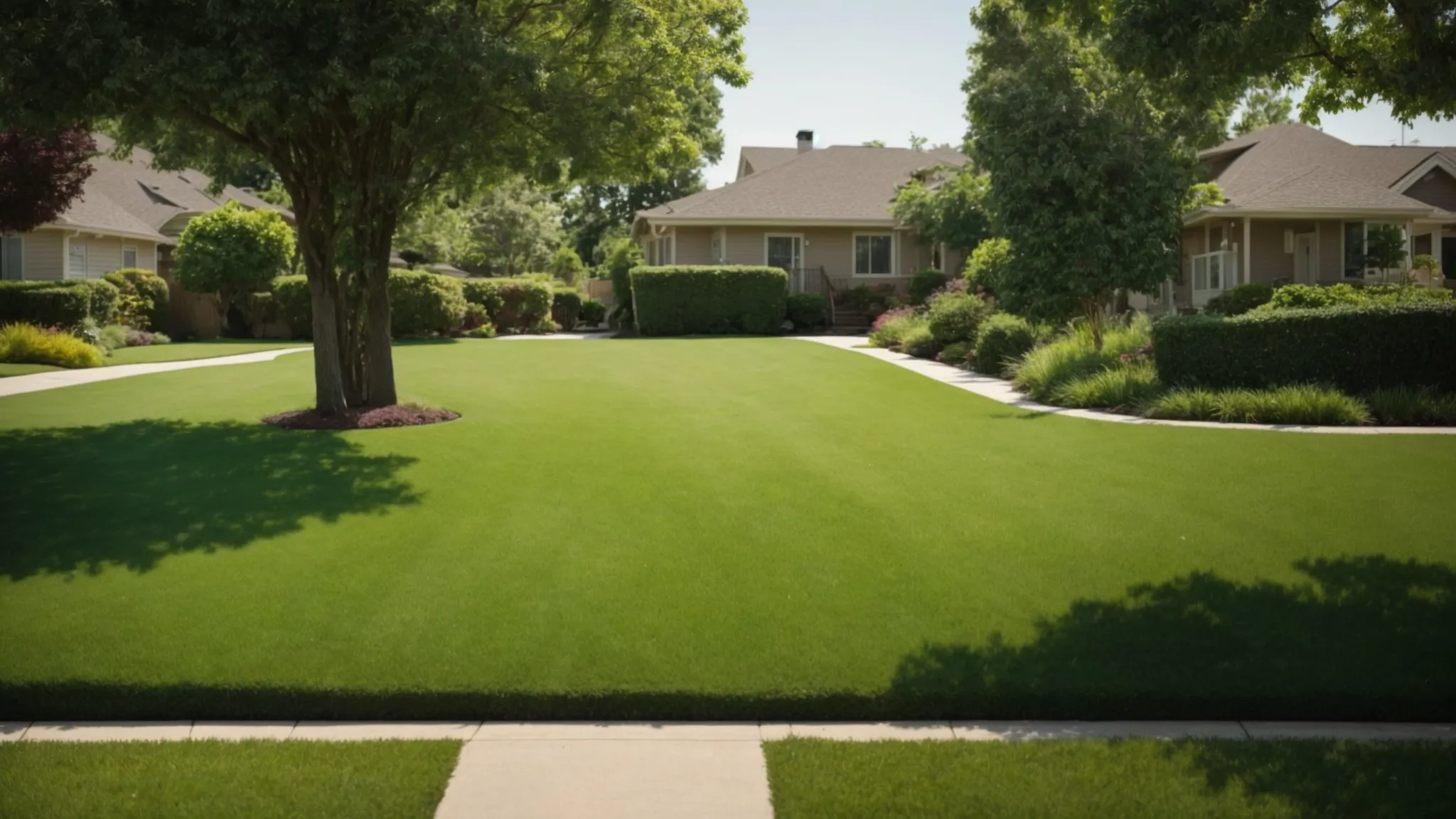 a well-maintained, lush green lawn stretches across a suburban neighborhood, showcasing a variety of dense, healthy grasses under a clear, sunny sky.