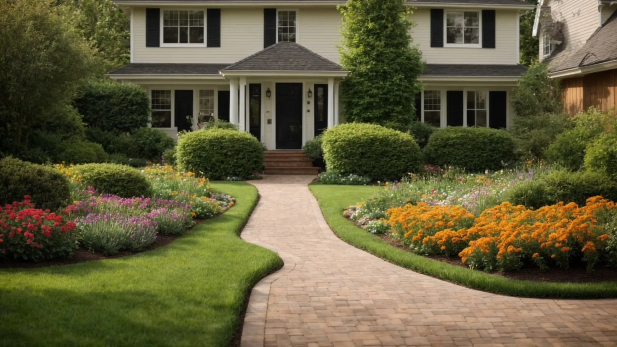 a neatly trimmed lawn with vibrant flower beds and a clearly defined pathway leading to a welcoming home front.