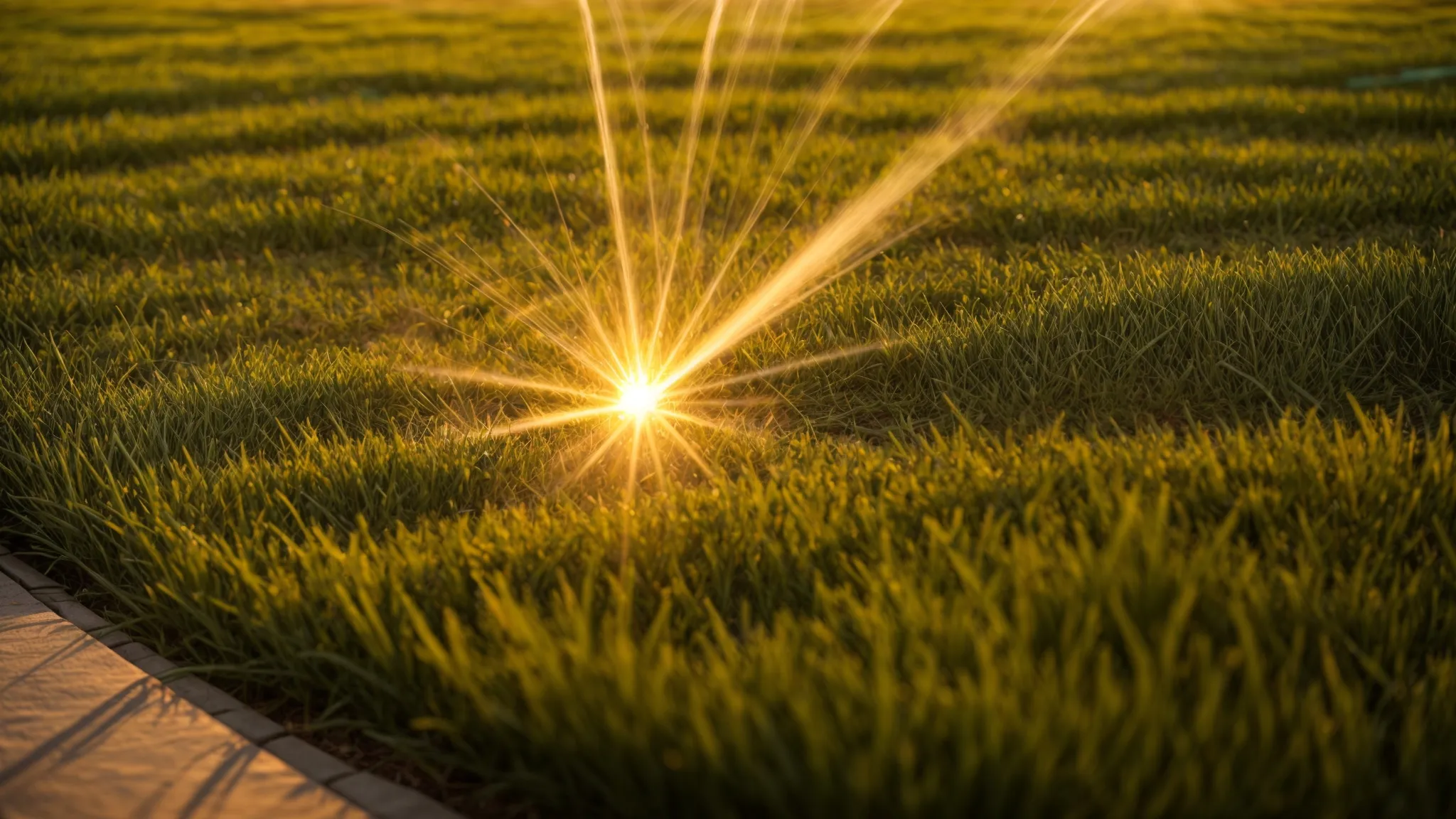 a neatly trimmed lawn unfolds under the warm golden hues of a setting sun, with sprinklers gently watering the vibrant green grass.